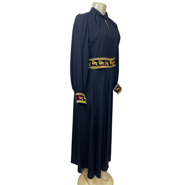 Vintage 1960s Ultra Wide Leg Women’s Black with Embroided Belt Jumpsuit Sz M