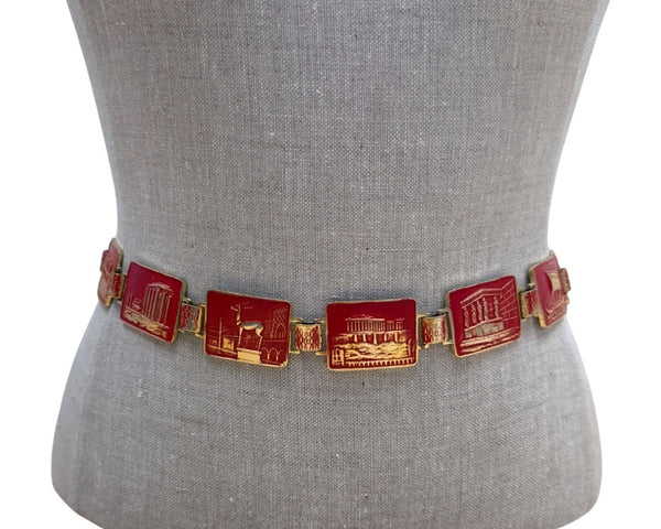 Vintage Red & Gold Enamel Souvenir Belt With Italian Landmark Designs Adjustable
