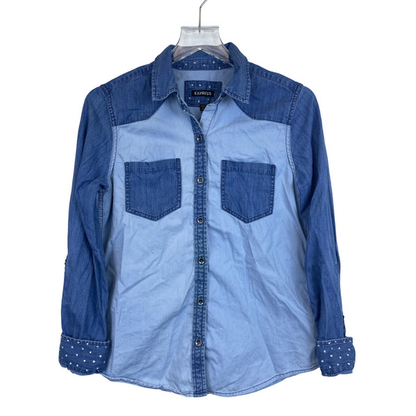 Express Womens Blue Denim Button-Up Shirt Polka Dot Accents Long Sleeve Size S