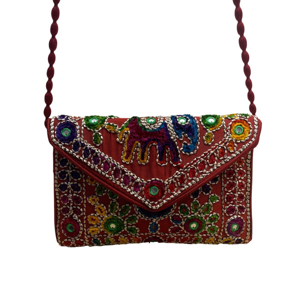 Handmade Embroidered Multicolor Strap Fold-Over Closure Shoulder Crossbody Bag