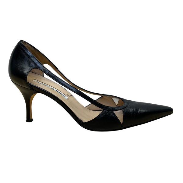 Manolo Blahnik Women’s Black Leather Pointed-Toe Cutout Pumps Size 38.5