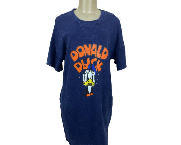 Designed by Korea Donald Duck Women's Short Sleeve Blue Denim Print Dress Sz L