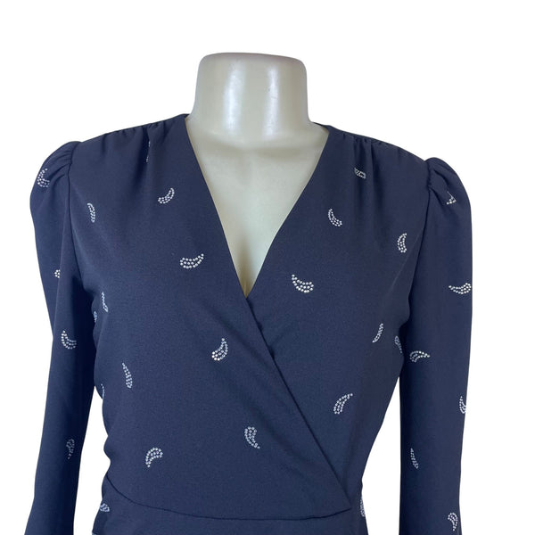 Maje Women's Black Long-Sleeve Wrap Dress Rhinestone Pattern Size 36 - New