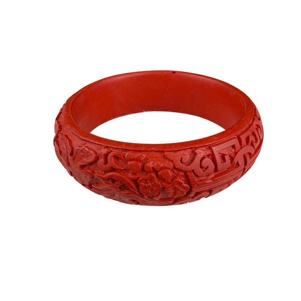 Handcrafted Red Cinnabar Style Floral Engraved Bangle Bracelet Women’s Size 7