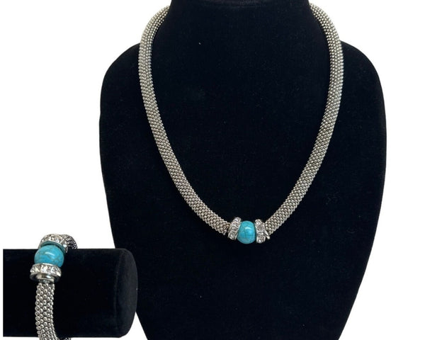 Heavy Turquoise Cristal Accents Silver Tone Necklace and Bracelet Set - 22in