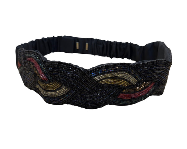 Vintage 80"s Magid Black Beaded Multicolor Polyester Elastic Adjustable Belt M/L