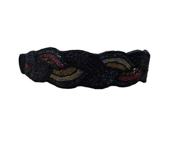Vintage 80"s Magid Black Beaded Multicolor Polyester Elastic Adjustable Belt M/L