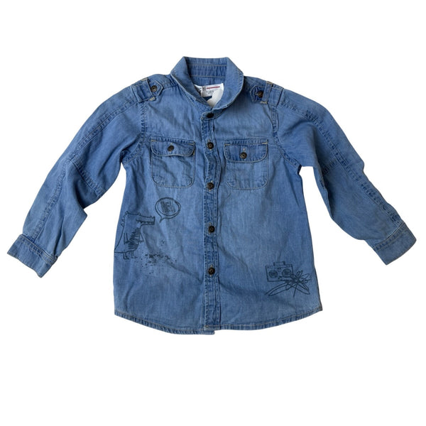 Minoti Girls Blue Denim Button-Up Shirt With Fun Graphic Details Size 18-24M