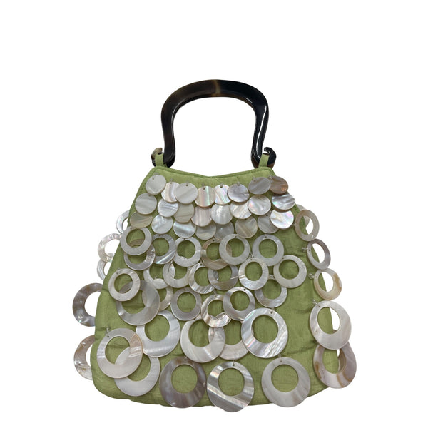Handcrafted Mother Of Pearl Handle Bag With Green Satin Base