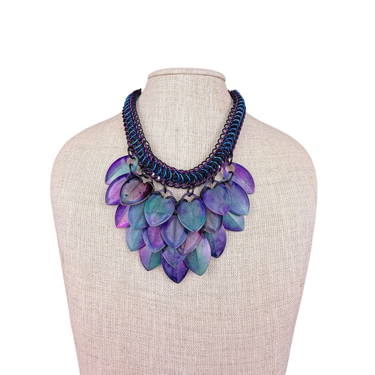 Handcrafted Chainmail & Resin Leaf Statement Necklace Purple/Green Design
