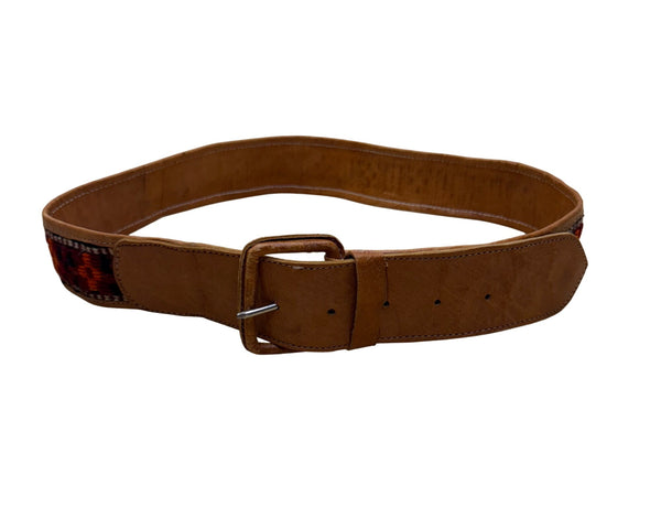 Vintage 1980s Women's Tan Leather & Textile Western Belt With Buckle 35 Inch Handmade
