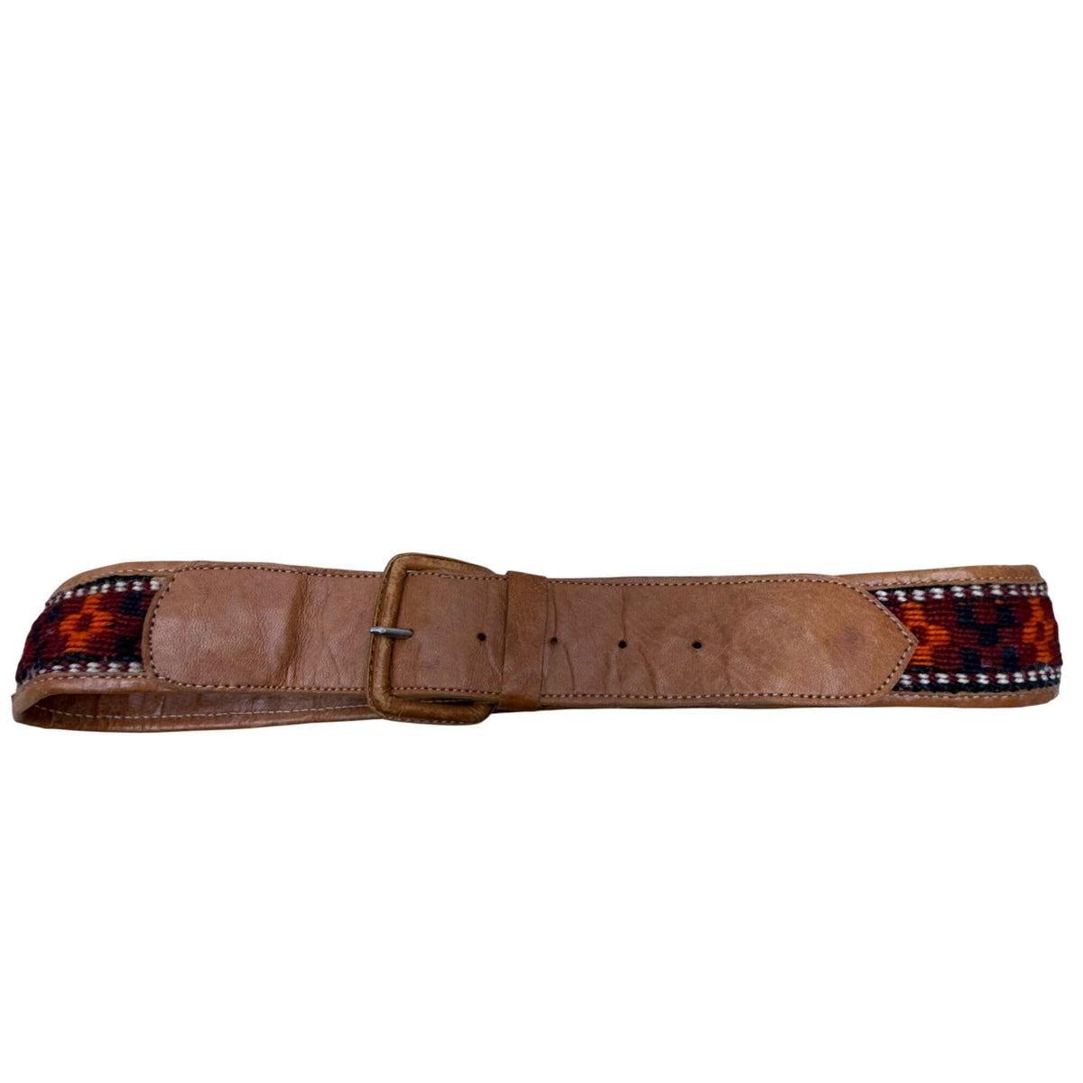 Vintage 1980s Women's Tan Leather & Textile Western Belt With Buckle 35 Inch Handmade