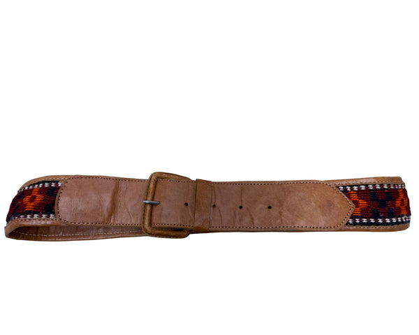 Vintage 1980s Women's Tan Leather & Textile Western Belt With Buckle 35 Inch Handmade