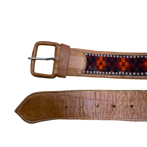 Vintage 1980s Women's Tan Leather & Textile Western Belt With Buckle 35 Inch Handmade
