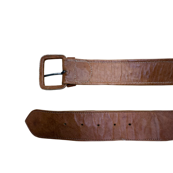 Vintage 1980s Women's Tan Leather & Textile Western Belt With Buckle 35 Inch Handmade