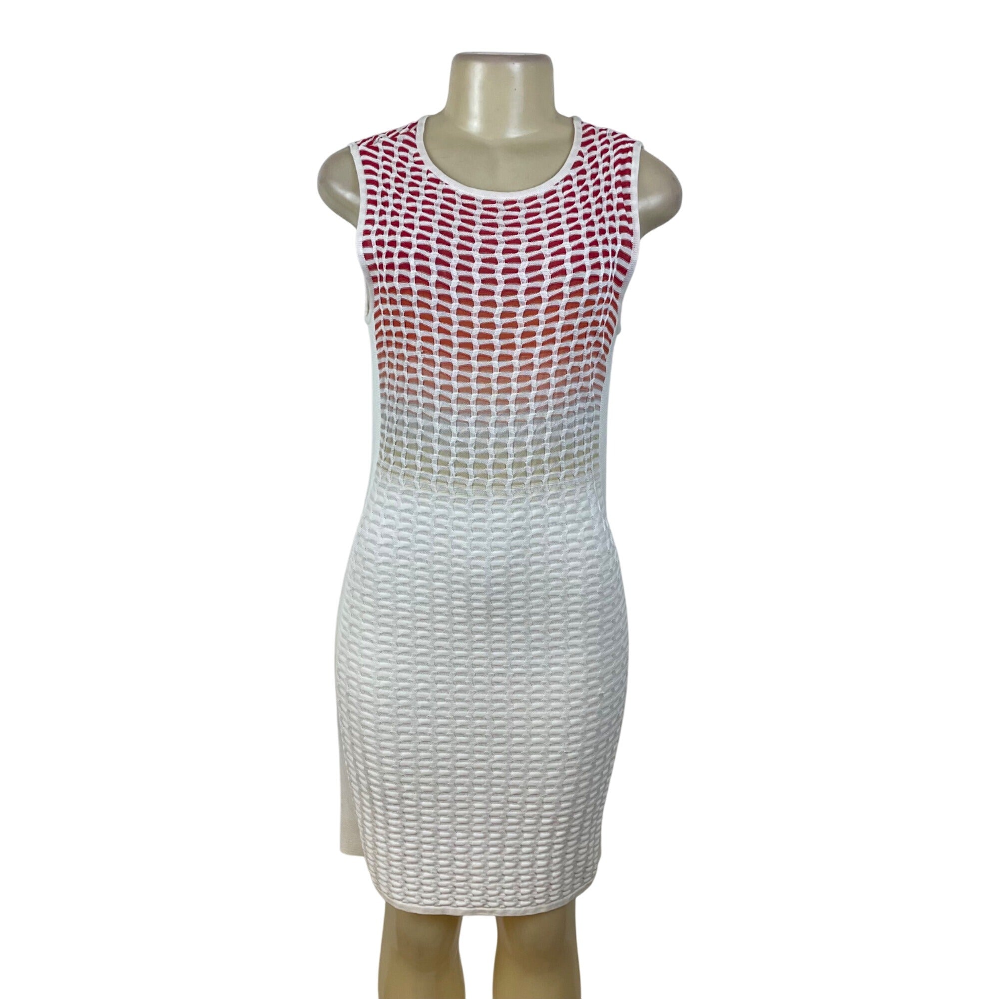 Magaschoni Women's Red/White Gradient Crochet Sleeveless Dress Fitted Size S Magaschoni Women's Red/White Gradient Crochet Sleeveless Dress Fitted Size S