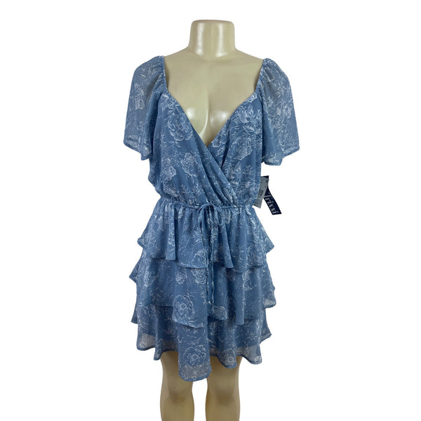 Trixxi Women’s Blue Floral Blouson Mini Dress With Tiered Ruffles Sz L - New