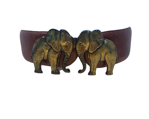 Vintage Tina Rose Brown Leather Belt With Brass Elephant Buckle
