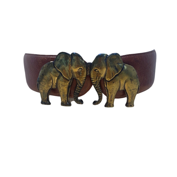 Vintage Tina Rose Brown Leather Belt With Brass Elephant Buckle