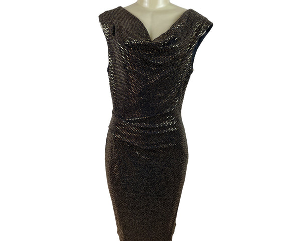 Vince Camuto Black & Gold Metallic Sheath Dress With Draped Neckline Women Sz 10