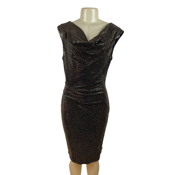 Vince Camuto Black & Gold Metallic Sheath Dress With Draped Neckline Women Sz 10