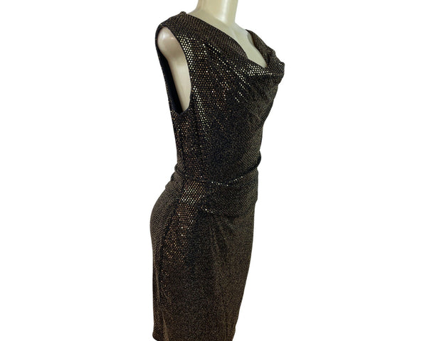 Vince Camuto Black & Gold Metallic Sheath Dress With Draped Neckline Women Sz 10