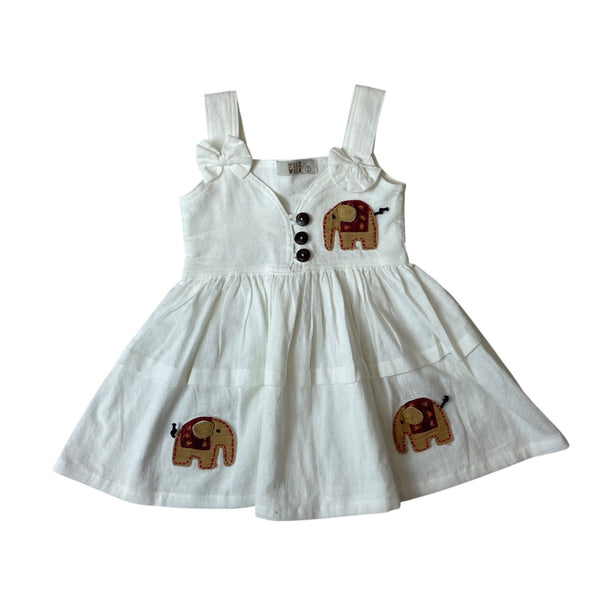 Walk Walk White Toddler Dress With Elephant Embroidery & Bow Straps Sz 1