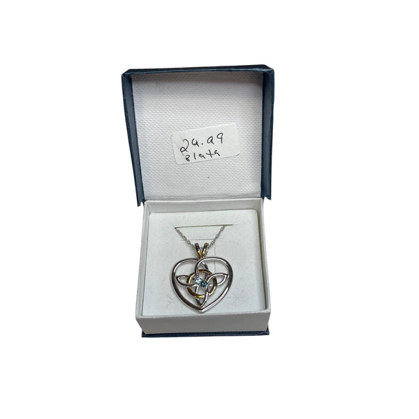 Heart-Shaped Pendant Necklace Womens Silver/Gold Accent with Blue Gem in Gift Box