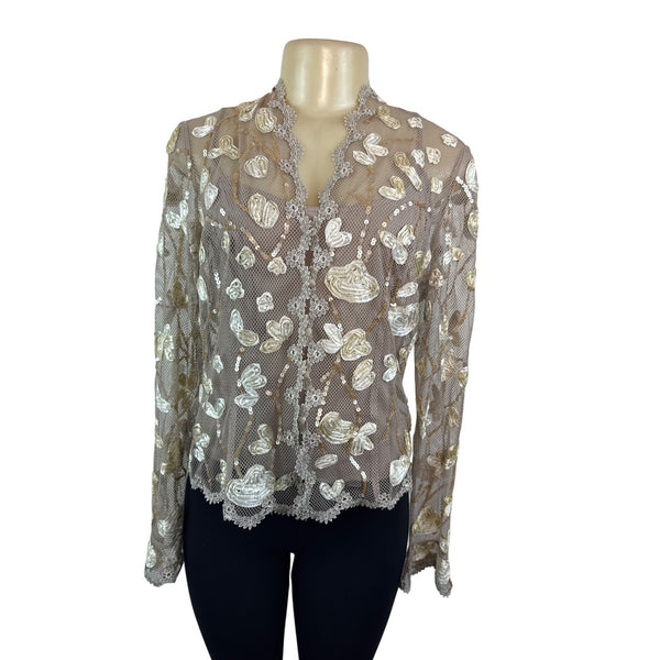 JS Boutique Women's Beige Sheer & Embroidered Long Sleeve Cami Set Sz 10