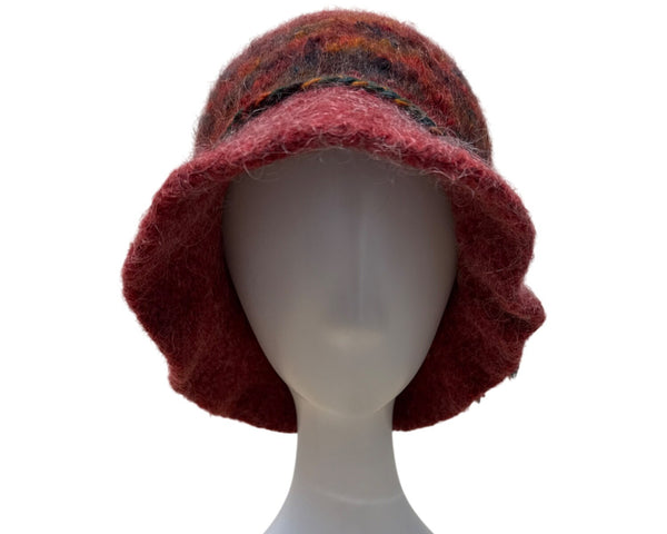 Vintage 40s 50s Handmade Red Wool Bucket Hat Multicolor Band - Button & Tassel