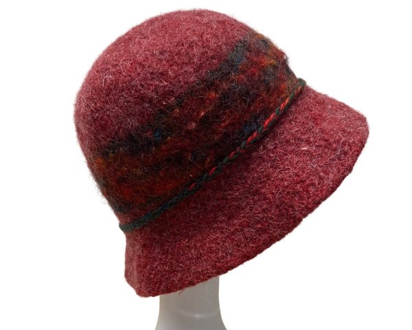 Vintage 40s 50s Handmade Red Wool Bucket Hat Multicolor Band - Button & Tassel