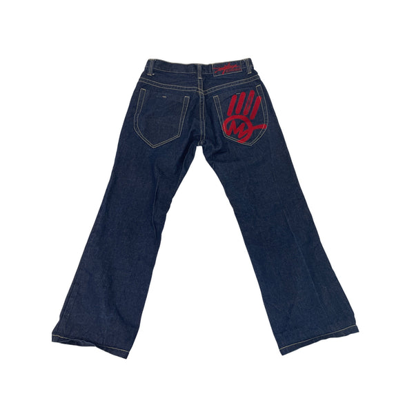 Miskeen Dark Wash Denim Jeans W/ Red Handprint Logo Flared Legs Sz 30R