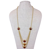 Three-Tiered Gold Tone Necklace With Amber Stone Accents 30 Inches Long Statement Jewelry
