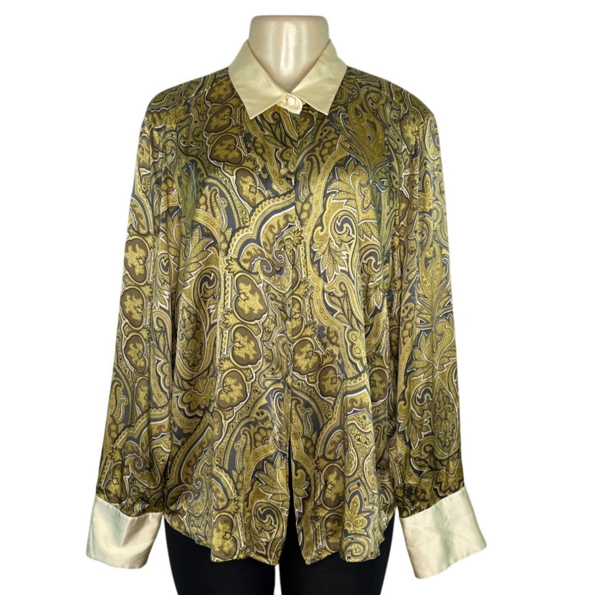 Tamotsu Women's Yellow Paisley Blouse With Satin Collar & Cuffs Sz 18W