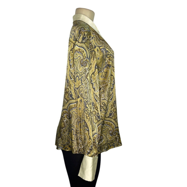 Tamotsu Women's Yellow Paisley Blouse With Satin Collar & Cuffs Sz 18W