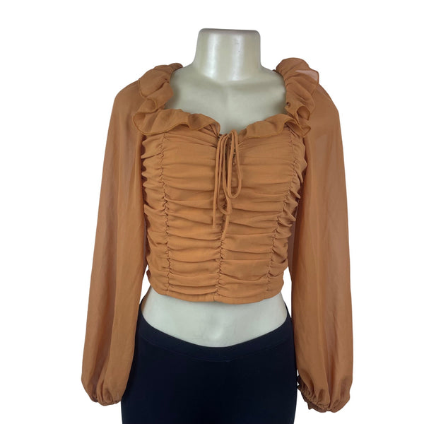 Idem Ditto Women’s Orange Polyester Ruched Long Sleeve Crop Top Size M