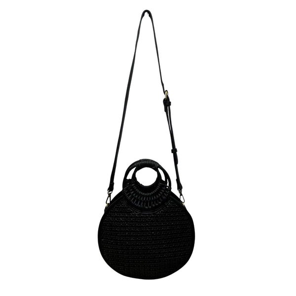 Anthropologie Women’s Black Woven With Dual Handles Round Rattan Crossbody Bag