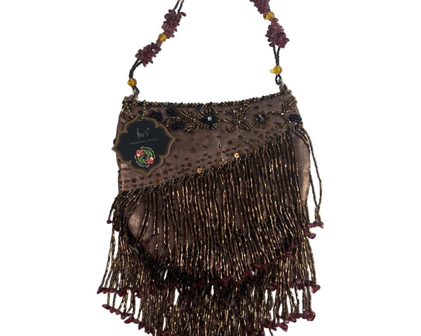 Vtg 80s Inβs Classical Style Women's Brown Floral Beads Shoulder Bag Sz S