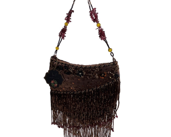 Vtg 80s Inβs Classical Style Women's Brown Floral Beads Shoulder Bag Sz S