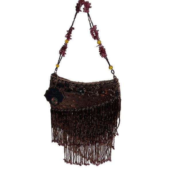 Vtg 80s In’s Classical Style Women's Brown Floral Beads Shoulder Bag Sz S