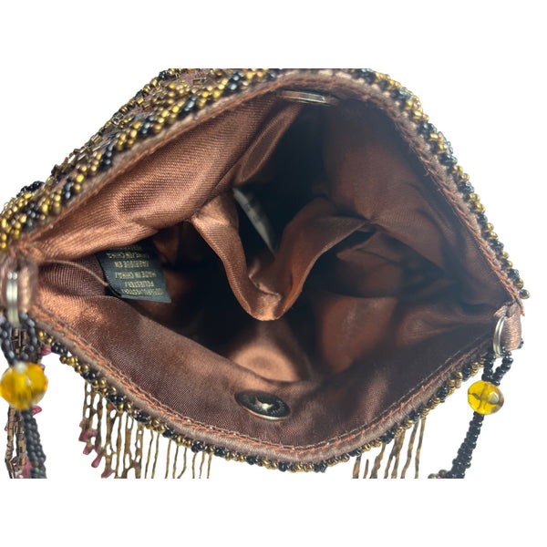 Vtg 80s In’s Classical Style Women's Brown Floral Beads Shoulder Bag Sz S