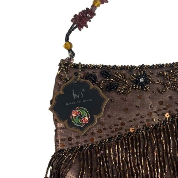 Vtg 80s In’s Classical Style Women's Brown Floral Beads Shoulder Bag Sz S