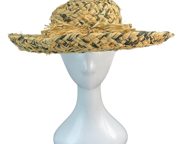 Vintage Style Woven Straw Hat With Green Accents & Decorative Bow Design