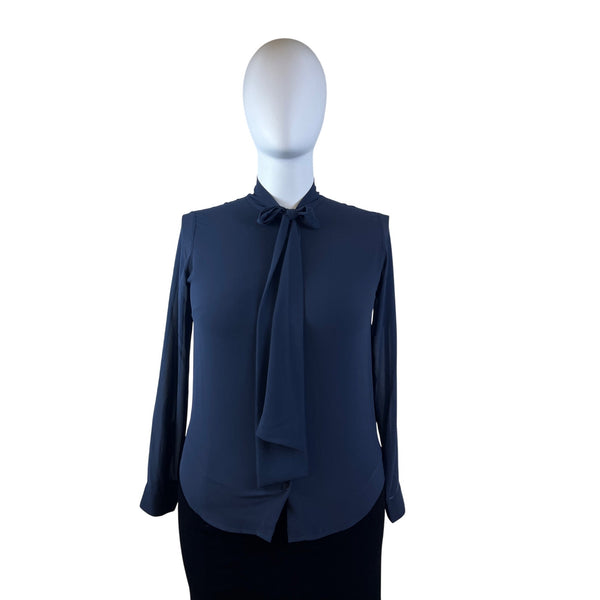 Michael Kors Navy Blue Women’s Long Sleeve Tie-Neck Blouse Sz L - New