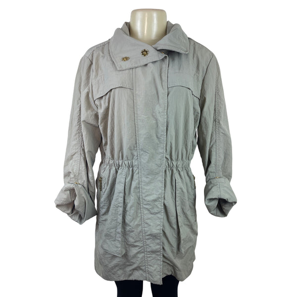 G.E.T Gray Women’s Parka Coat With Gold Zipper High Neck Adjustable Waist Sz M