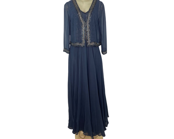 Jkara Women’s Navy Blue Beaded Sleeveless Evening Gown With Sheer Jacket Size 12