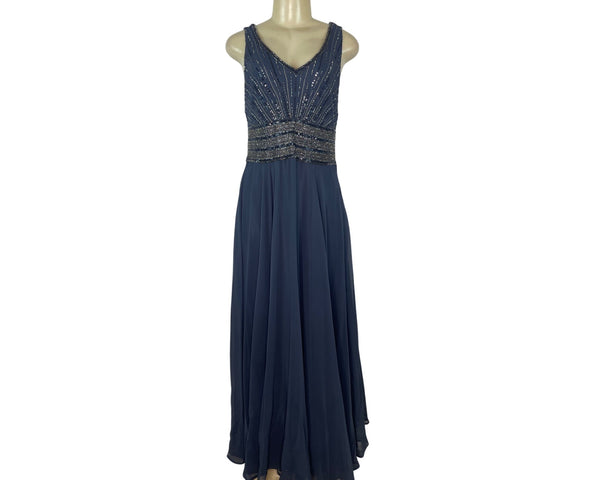 Jkara Women’s Navy Blue Beaded Sleeveless Evening Gown With Sheer Jacket Size 12