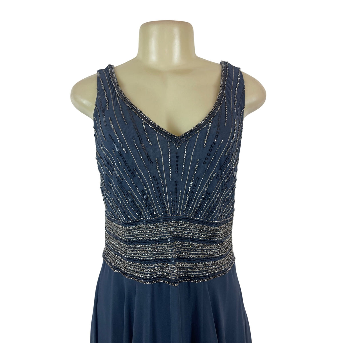 Jkara Women’s Navy Blue Beaded Sleeveless Evening Gown With Sheer Jacket Size 12