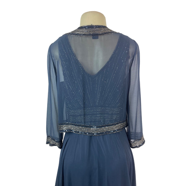 Jkara Women’s Navy Blue Beaded Sleeveless Evening Gown With Sheer Jacket Size 12