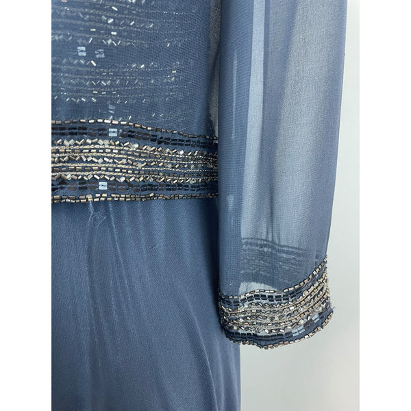 Jkara Women’s Navy Blue Beaded Sleeveless Evening Gown With Sheer Jacket Size 12